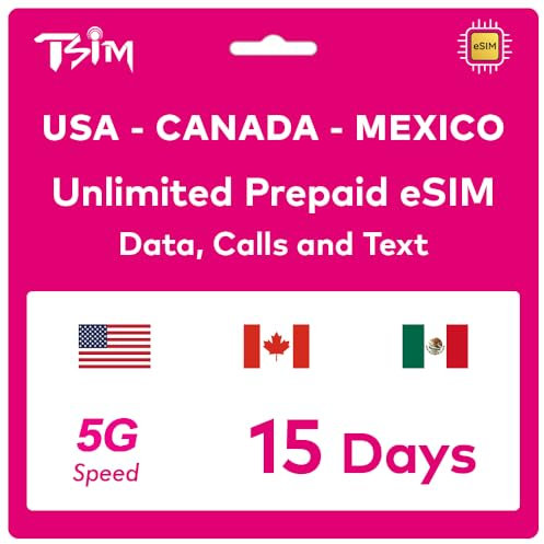 TSIM Prepaid USA eSIM 15 Tage | Unbegrenzte 4G/5G High-Speed-Daten in den USA + 5GB High-Speed-Daten in Kanada & Mexiko | Unbegrenzte Ortsgespräche + kostenlose eingehende Anrufe & SMS