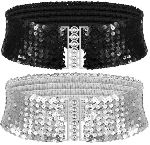 Pailletten Breite Gürtel Damen Metall Schnallen Glänzender Taillengürtel(Schwarz Sliver,2 Pcs)