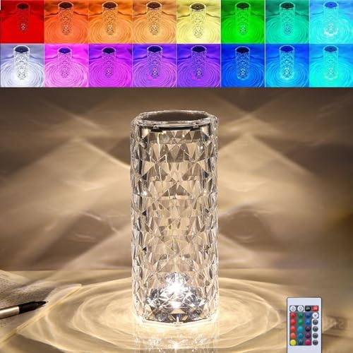 16 Colors Rose Rays Crystal Diamond Table Lamp, Crystal Diamond Rose Table Lamp, USB Charging, Remote/Touch Control (9 * 21cm)