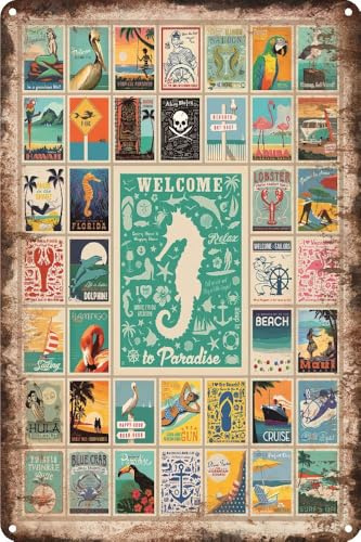 LUCKYLINDE - Historisches Retro Vintage Blechschild mit Souvenir Reisemotiv, Ferien, Abenteuer, Urlaub Deko Schild, 30 x 20 cm (Strand, Meer, Ozean)