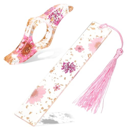 Yuanchu 2 Stück Blumen Lesezeichen aus Harz Set, Personalisiert Daumen Buchseitenhalter und Gepresste Blumen Bookmark mit Quaste Niedlich Bücher Zubehör für Leseliebhaber Studenten Lehrer