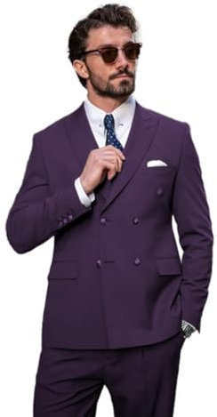 Completo da uomo slim fit, 2 pezzi, doppiopetto, per lavoro, matrimonio, ballo, smoking, blazer e pantaloni, set per uomo, Viola scuro, 58