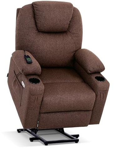 MCombo Riser Recliner Chairs for Elderly, Electric Power Recliner Armchair for Living Room, Brown Lift Chair with Heat & Massage, Extended Footrest, USB Ports, Fabric 7040 (Brown, Medium)