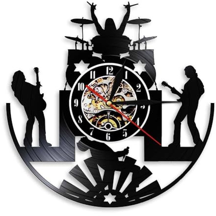 PODODO Rock Band Music Group Wall Clock Rock Band Drummer Heavy Metal Group Guitarist Performance Stage Show Vinyl Record Wall Clock Without LED