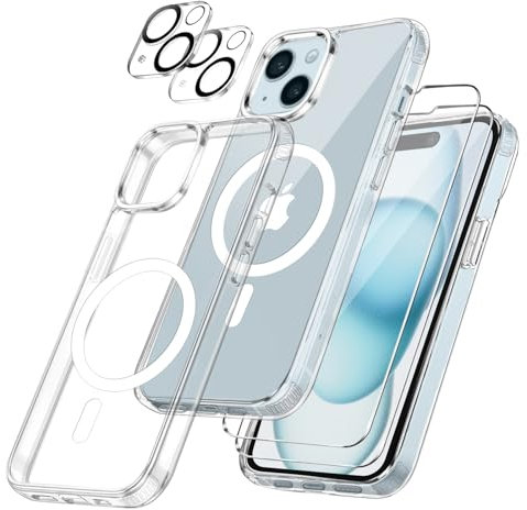 Czyoa Coque Magnétique pour iPhone 15 avec 2 Pièces Verre Trempé Protection Écran + 2 Protections pour caméras, Anti-Rayures, Anti-Dérapante, Etui de Transparent TPU Protection iPhone 15