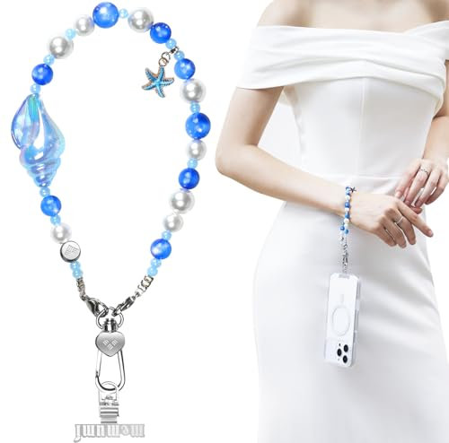 memumi Handykette Perlen, Universal Handgelenkband mit Metallschnalle, Handy Charm für Frauen, kurze Handyband, Handgelenk, Handygurt für Airpods und Kamera -Marineblau