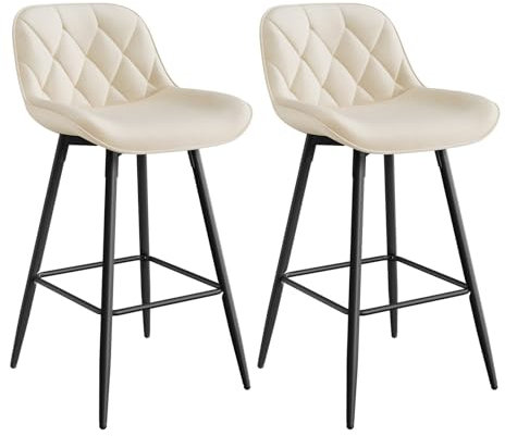 EUGAD Taburete Altos de Cocina, Set de 2 Taburetes Barra Bar con Respaldo, Sillas Altas de Terciopelo, Taburetes para Cocina Isla Bistro, Sillas Tapizadas, Crema