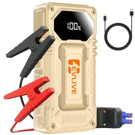 EVLIVE Arrancador de Batería de Coche 2000A - Arrancador de Batería Portátil 12V (hasta 9L Gasolina/8.5L Diésel) - Power Bank con Carga Rápida, Linterna LED 3 Modos, Pinzas Inteligentes