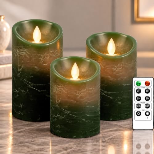 PinnWaa LED Kerzen, 3 Stumpenkerzen, Flammenlos, Flackernd, Grün | 10-Tasten-Fernbedienung, Timer 2/4/6/8 Std, Batteriebetrieb, Dimmbares Licht, Weihnachtsdeko, Hochzeit, Party und Tischdeko