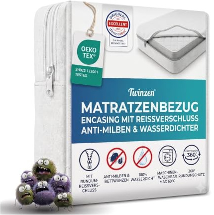 Twinzen - Topper Matratzenbezug 180x200x8 cm - Encasing Milbenbezug | Mit Reißverschluss · Anti-Milben & Bettwanzen · Frottee-Oberfläche · Wasserdicht · Für Allergiker · Bi-Ome · Oeko-Tex
