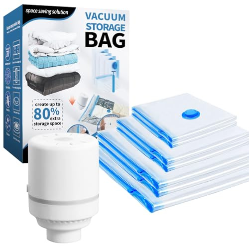 Lot de 7 Sacs Sous Vide avec Pompe Électrique – Sacs de Rangement Étanches Anti-Moisissures – Gagnez 80% de Place – Réutilisables Sans BPA pour Vêtements Couettes et Voyages
