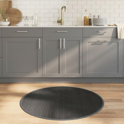 QUAHEAS Runder Teppich Grau 100 cm, Bambus Teppich für Wohnzimmer, strapazierfähig, rutschfest, pflegeleicht, vielseitig einsetzbar