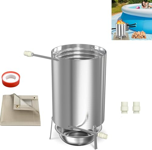 YZNAHRE Brennholz Poolheizung Edelstahl Poolheizung Feuertonne Pool Heizung mit Feuer Pool beheizt Feuer Eimer Ø32/38mm Anschlüsse, Silber