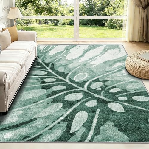FTCJWL Kurzflor Teppich Grün,Waschbarer Teppich Wohnzimmer 160x230cm,Weich rutschfest Groß Tepich mit Blattmuster Rugs for Living Room Schlafzimmer Esszimmer Kinderzimmer Teppiche Büro