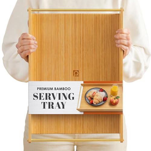 Bamboo Serving Tray with Gold Stainless Steel Handles, Ottoman & Bed Tray | 16.5 x 11.2 Inch Premium Coffee Table Tray & Bed Tray for Breakfast in Bed, Living Room Decor, Charcuterie & Snacks