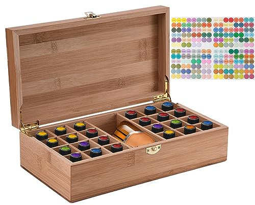 RoseFlower Bamboo Essential Oil Storage Box Home Fragrance Carrier Case, Holds 25 Bottles for 5, 10, 15ml - Aromatherapy Organizer Nail Polish Fragrance Container - Keep Your Oils Safe & Space Saver