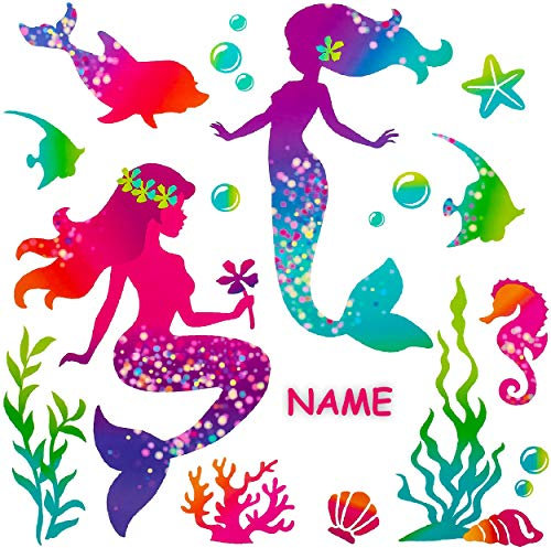 alles-meine.de GmbH Wandsticker Motivwahl Erwachsene & Kinder - 17 TLG. Set - Meerjungfrau/Nixe & Unterwasser Fische - inkl. Name - selbstklebend + wiederverwendbar - Wandt..