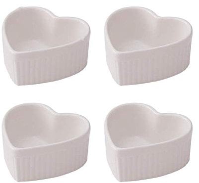 YRHH Dessert Bowl 4 oz Ramekins, Set of 4, Ceramic Heart Shaped Molds, for Baking Cakes, Jams, Souffle, Creme Brulee-white