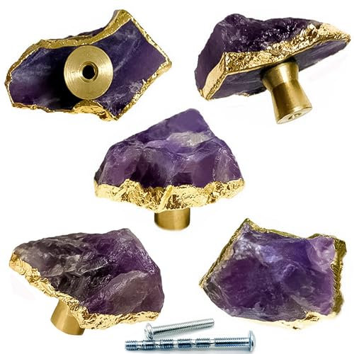 5 Stück Knäufe aus natürlichem Amethyst, Stein Möbelknöpfe Küchengriff Goldener Rand Moebel knauf Griff, Violett Kristallknöpfe Schrankgriffe für Möbel mit Schrauben