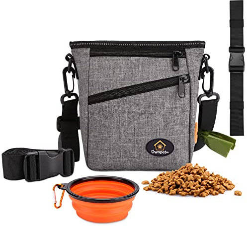 Ownpets Leckerlibeutel für Hunde, Hunde Trainingstasche, Leckerlietasche für Hunde, Snackbeutel mit Kotbeutelloch, Faltbarer Wasserschale, verstellbarem Schultergurt, Taillengütel und Clip, Grau
