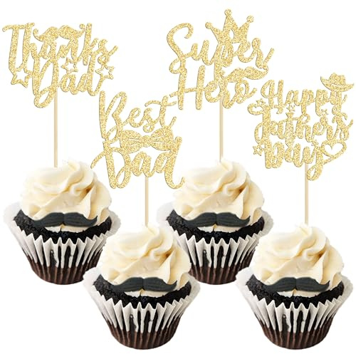 Gyufise 24Pcs Gold Glitter Father's Day Cupcake Toppers Best Dad Cupcake Picks Thanks Dad Cake Decorations Toppers Picks for Father's Birthday Party Supply
