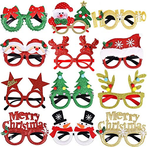 HETITU 12 Stück Weihnachten Brille, Weihnachtsbrillen Stirnbänder Weihnachten Urlaub Partei liefert die Geschenke für Kinder und Erwachsene Weihnachtsfeier