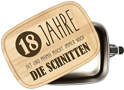 Tassenbrennerei Brotdose - 18 Jahre alt und Mama macht immer noch die Schnitten - Edelstahl mit Bambusdeckel - Geschenk zum 18. Geburtstag - Geburtstagsgeschenk
