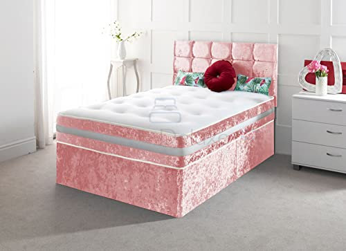 Comfy Deluxe LTD Crushed Velvet Divan Bed with Mattress Headboard and Storage Drawers (Pink, 4FT6 (Double) - 0 Drawers)