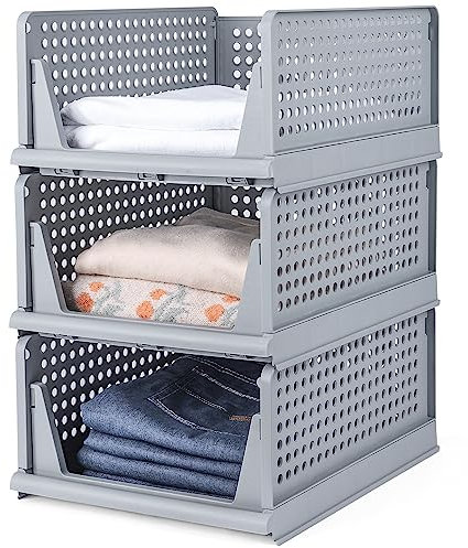 Yorbay Schubladenbox Stapelbare Kleiderschrank Organizer, Regal Aufbewahrungsbox, für Kleidung Küchen Schlafzimmer (3, Grau)