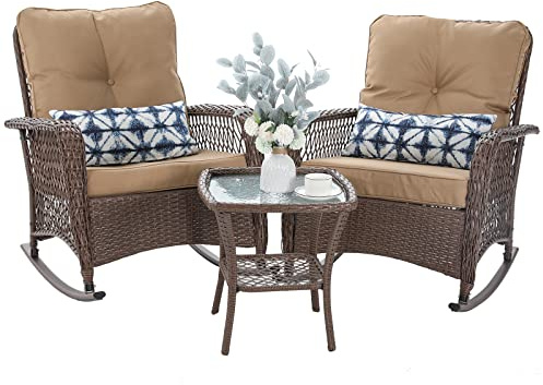 Patio Furniture Set 3 Pieces, Wicker Outdoor Rocking Bistro Set, Khaki