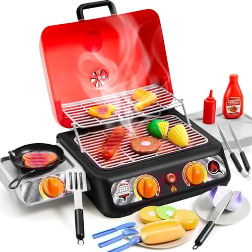 PLAY-ACT Large 2-Layer Toy Barbecue Playset, Kids Kitchen Toy Accessories, Kids BBQ Playset with Pretend Smoke/Light/Sound, Color-Changing Play Food, Kids BBQ Toy DIY Gift Kitchen Toys for Girls