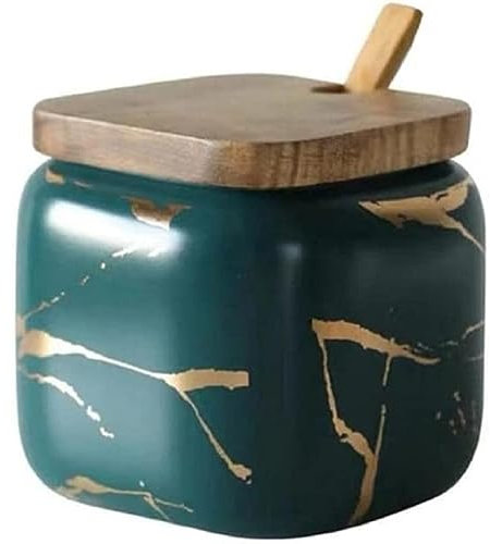 VollfitYYu Gewürzdose Zukerdose aus Keramik,Marmor Optik Salzdose 360ml Küche Gewürzbehälter mit Löffel und Deckel für Zucker Salz Gewürze Tee (Grün)