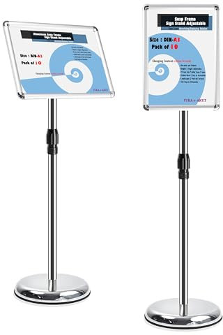 TUKA-i-AKUT 10X A3 Support d'information, Hauteur Réglable, Rotatif, Portrait / Paysage Porte-Affiche Panneau d'affichage, Présentoir sur Pied pour Publicitaires Interchangeables, Argent TKD8423-10X