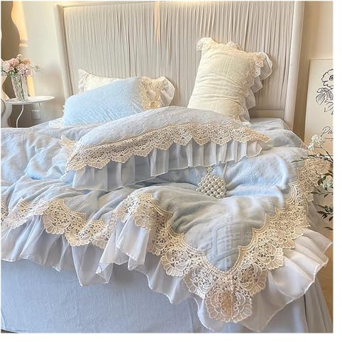 ArknAv Pink Purple Vintage Rose Carved Velvet Romantic Lace Ruffles Bedding Set Fluffy Milk Velvet Duvet Cover Set Bed Sheet Pillowcase Bedding