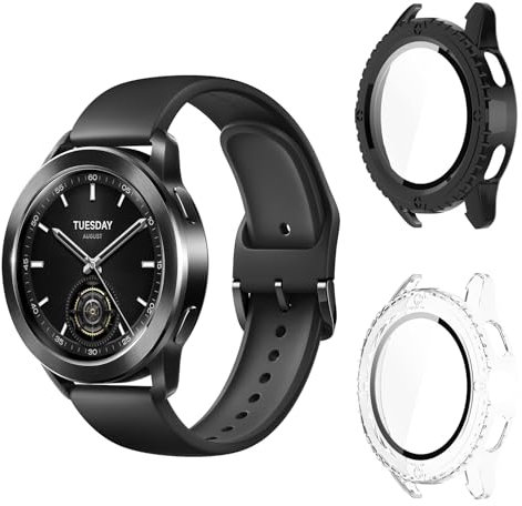 Aerku Funda Compatible con Xiaomi Watch S3, 9H HD Anti-Choque Parachoques Anti-rasguños Protector Duro PC Marco Cristal Templado Protector de Pantalla Funda - Transparente&Negro