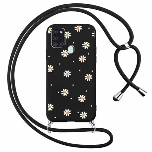 Foonary Handyband Hülle mit Band für Samsung A21s 4G 6,5 Handyhülle, Aesthetic Design Kette Necklace Case mit Kordel zum Umhängen Silikon Bumper Cover Schnur für Samsung Galaxy A21s 4G, Smile Blumen