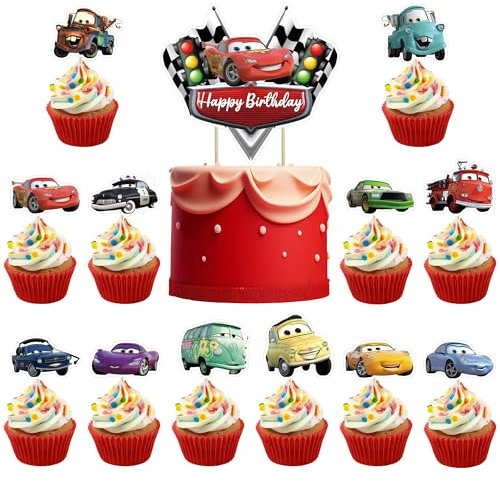 Awonlate Lot de 49 Pièces Voiture Gâteau Topper, Cupcake Topper Decoration, Cartoon Cupcake Papier Décoration pour Décorations De Fêtes Enfants Anniversaire Décor Favors
