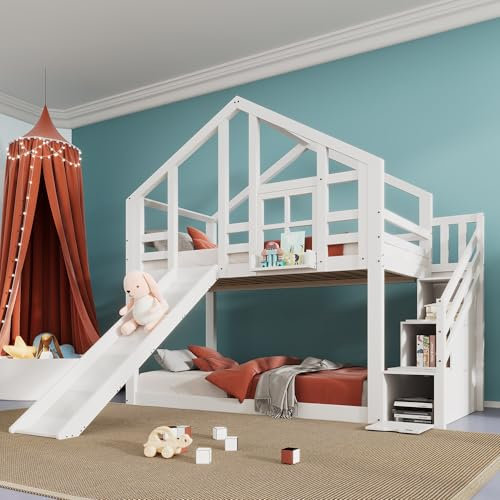 Qiang Lit Cabane Enfants,Lit Superposé Enfant Antichute,Lit Mezzanine pour Enfants Et Adolescents avec Toboggan Et Escalier De Rangement,Structure en Bois Massif,Facile à Monter,90x200cm