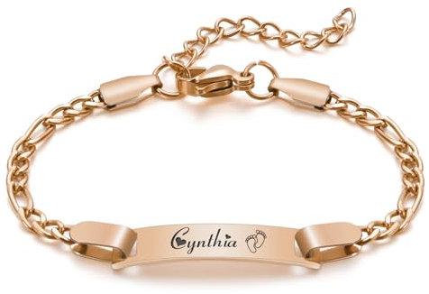 kodinsiivous Personalisiertes Baby-Namens Armband, 18 Karat vergoldete, individuelle Armbänder, Gravur Kinderarmband ID Taufarmband, Geburtstagsgeschenk für Taufe Geschenke(Roségold)