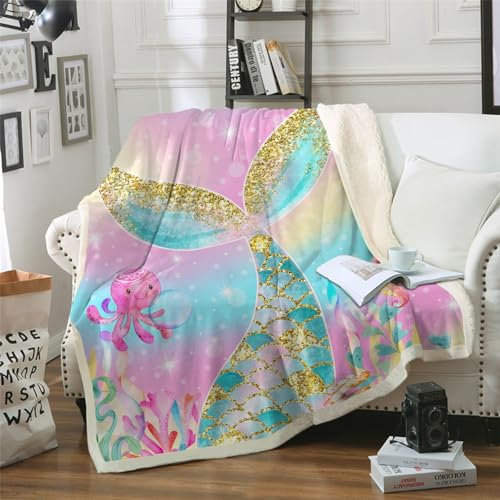 HAVOP Sharpa Couverture en polaire pour enfants et filles Motif requin rose pailleté Queue de sirène Décoration de chambre