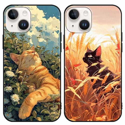 Yimctoie 2 Stück Handyhülle für iPhone 14/iPhone 13 Hülle 6,1,Cute Orange Katze Anime Aesthetic Blumen Case,Schwarz Cat Cartoon Ästhetik Schutzhülle Silikon TPU Stoßfeste Kratzfest Cover