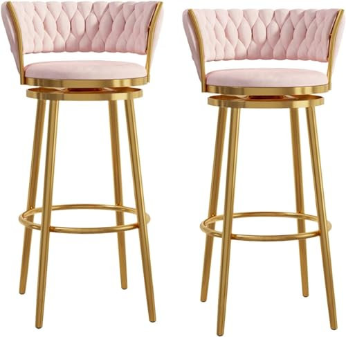 LaYiQimn Barhocker 2er-Set, drehbare Barhocker aus rosa Samt mit geschwungener gewebter Rückenlehne und goldenen Metallbeinen. Stühle in Thekenhöhe für die Hausbar, Kücheninsel, Fußstütze inklusive
