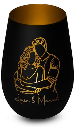 Elegantes personalisiertes Windlicht aus Glas in Schwarz-Gold Paar Line Art- Liebesgeschenk für Paare mit Gravur, Name