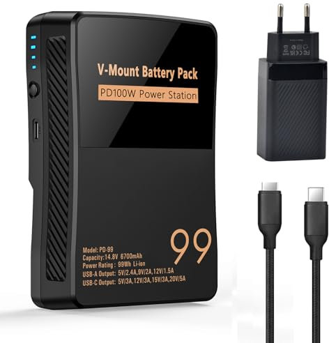 TAVT V Mount/V-Lock Akku 99Wh 6700mAh Mini V-Mount Batterie mit PD 100W USB-C Schnellladekabel und PD 65W Stecker für Camcorder, Kamera, Feldmonitor, Videolicht