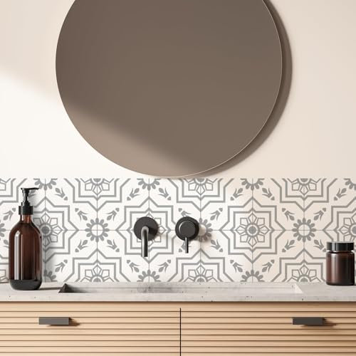WIQUYBML Carrelage de Salle de Bain en PVC à Coller sur des Carreaux de Salle de Bain à Fleurs Gris Clair, Carreaux Auto-adhésifs pour Cuisine, Carreaux de Sol à décoller et à Coller, Carre