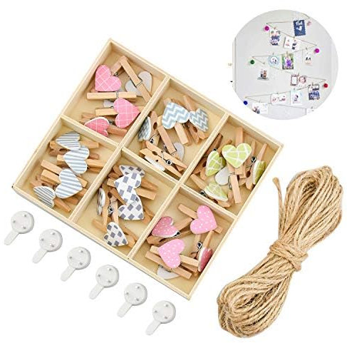 MINSHUXI 10 Metros de Cuerda para Fotos con 30 Pinzas de Madera y 6 Clavos sin Dejar rastros para Colgar, Cuerda de Fotos para Fotos Creativas y Hermosas, decoración de habitación de los niños
