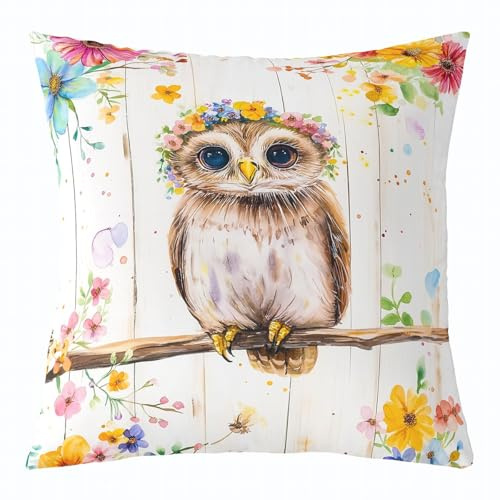 Homewish Kissenbezug Eule 40X40 Kinder, Cartoon Zootier Kissenhülle Niedlich Für Mädchen Jungen, Ästhetische Blumen Kissenbezug Mit Reißverschluss Dekokissenbezug,Waschbar