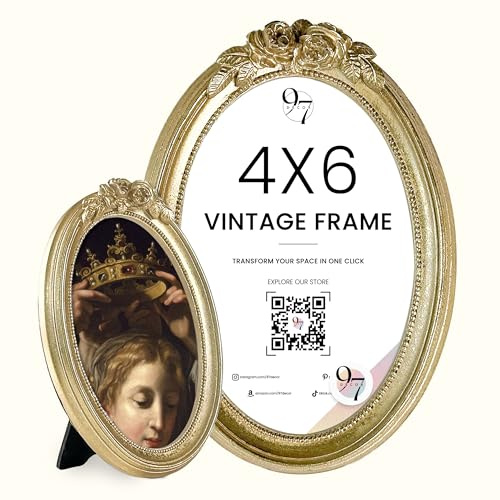 97 Decor Gold Oval Frame 4x6 - Gold Vintage Picture Frames 4x6, Antique Ornate Frames 4 X 6 With Glass Front For Tabletop Photo Display And Wall Hanging, Golden Rose Frame 4 By 6
