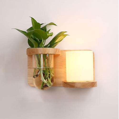 Svetilnikya Natürliche Wandleuchte Holz mit Glasflaschen (für Hydrokultur), Pflanzendeko Wandleuchten für Innen für Wohnzimmer & Flur, Öko Wandlampe Holz mit Blumentopf-Funktion (C)