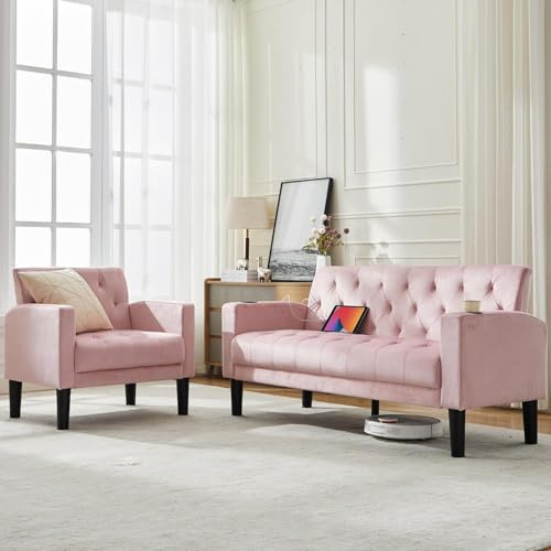 GRAVFORCE Sofa 2 Seats Modern Style Comfy Small Sofa Chair Sets with Pocket Storage 2 USB 2 Cup Holders Upholstered Couch for Living Room Bedroom Office Pink Set1